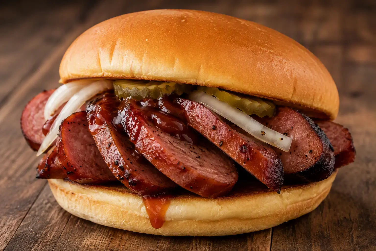 Smoked sausage sandwich with onions and pickles