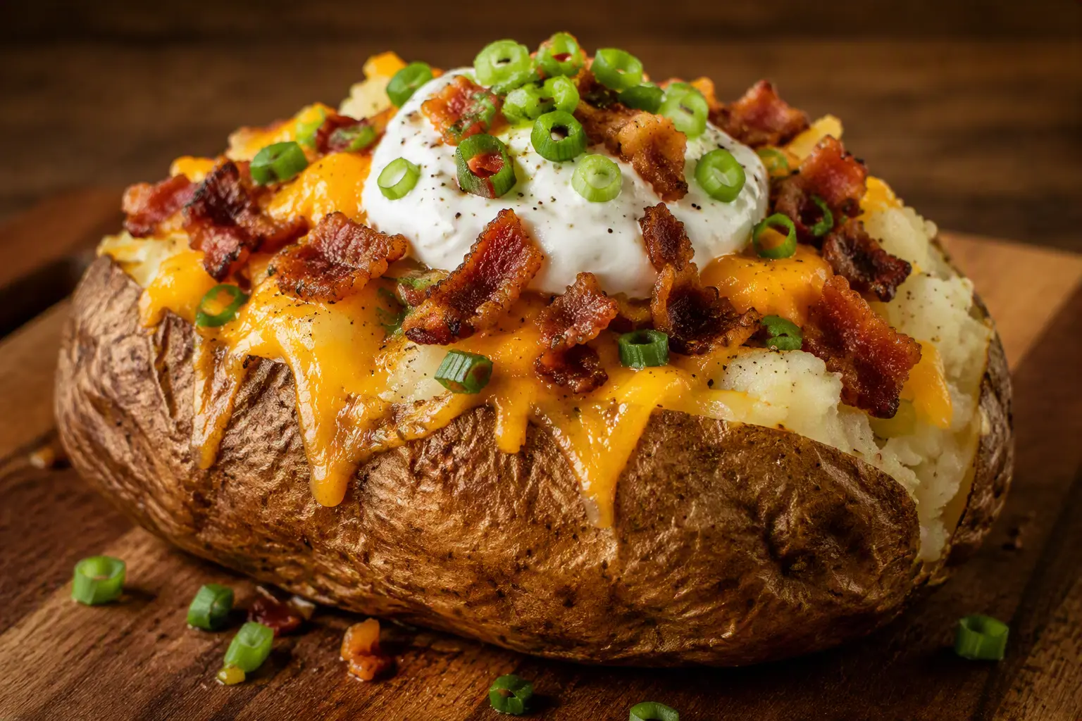 Loaded baked potato with cheddar, bacon and green onions