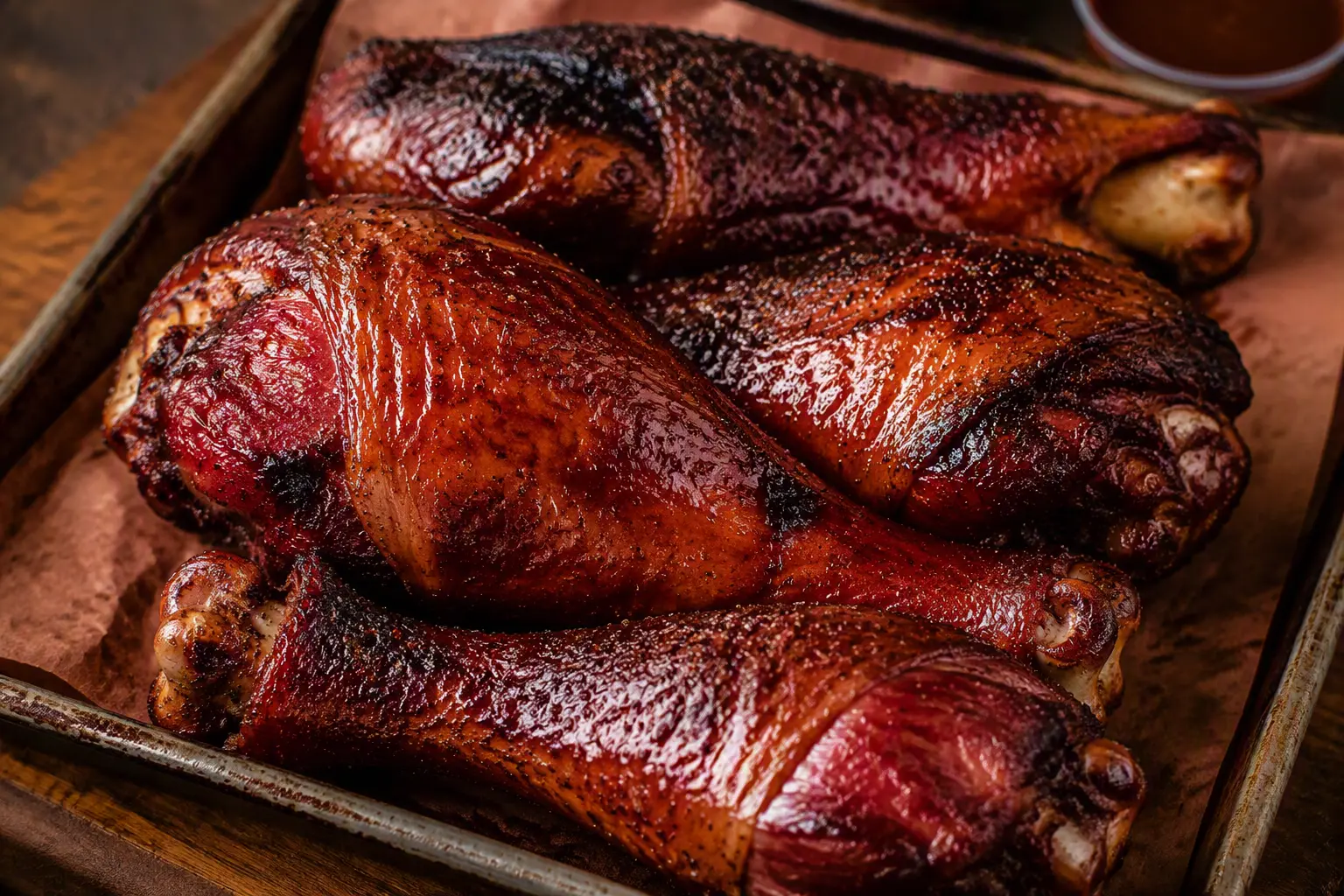Smoked turkey legs on a tray fresh off the pit