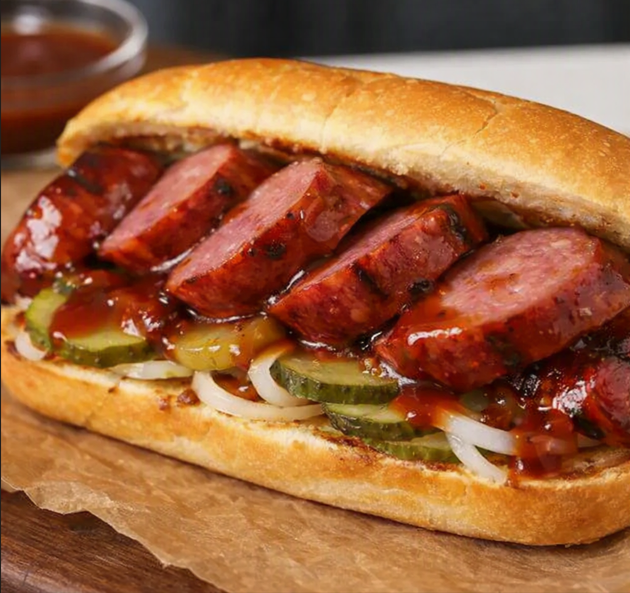 Smoked sausage sandwich with pickles, onions and BBQ sauce on a toasted bun