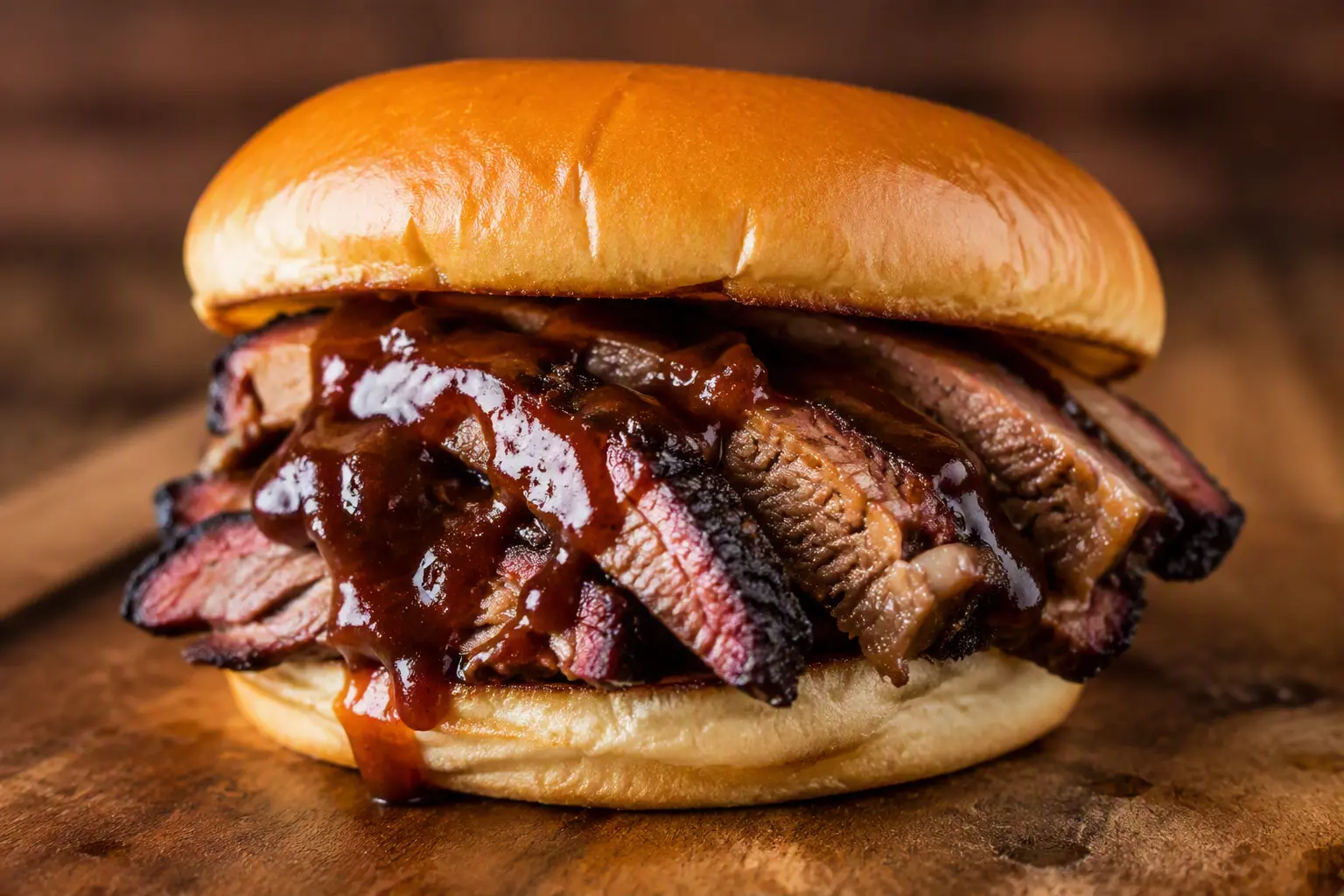 Chopped brisket sandwich with BBQ sauce on a brioche bun