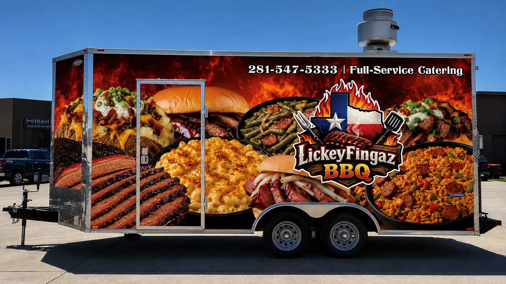 LickeyFingaz BBQ full-service catering trailer wrapped in smoked meats, mac & cheese, and Texas branding