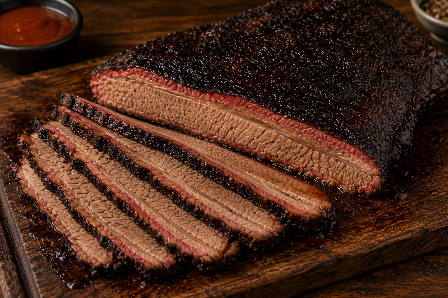 Sliced smoked brisket with dark peppered bark on a wooden board