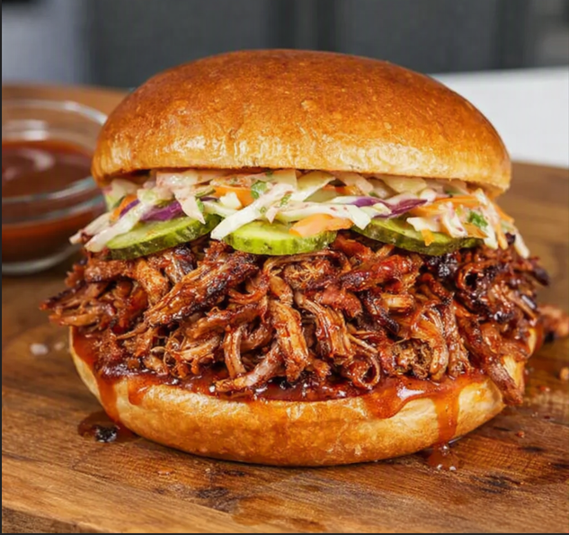 Pulled pork sandwich topped with coleslaw and pickles on a toasted bun