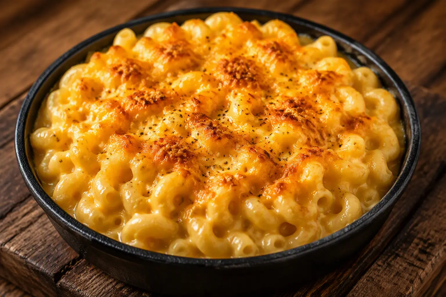 Cast iron skillet of baked macaroni and cheese
