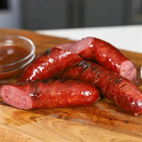 Smoked sausage links sliced on a wooden board with BBQ sauce