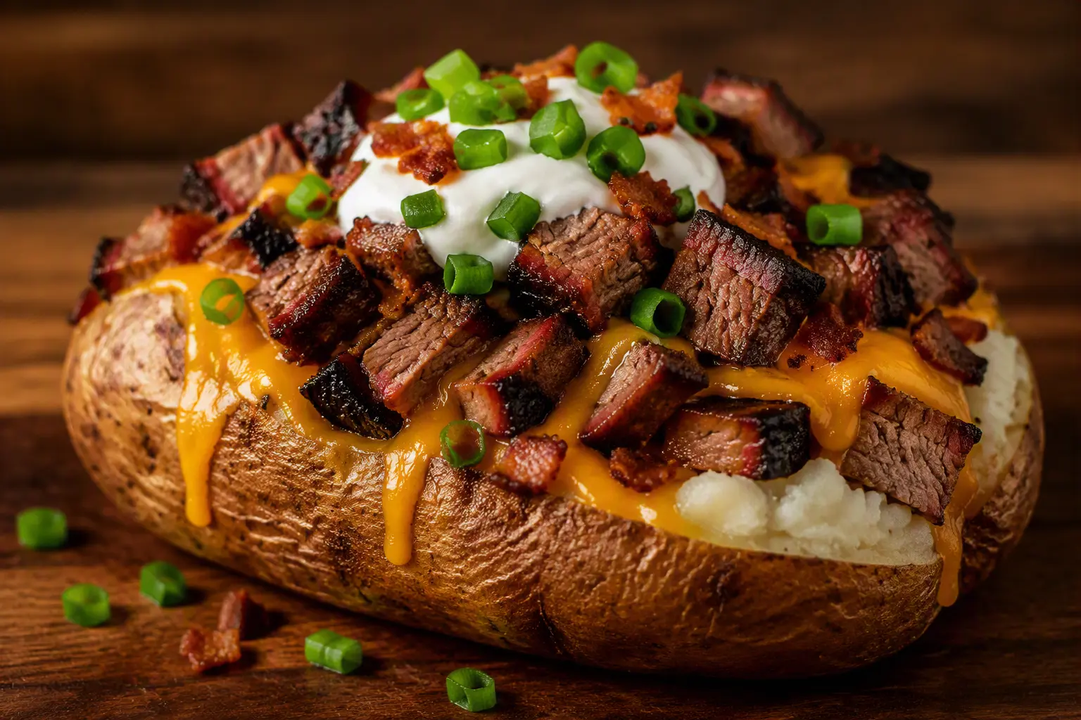 Loaded baked potato topped with chopped brisket, cheese and sour cream