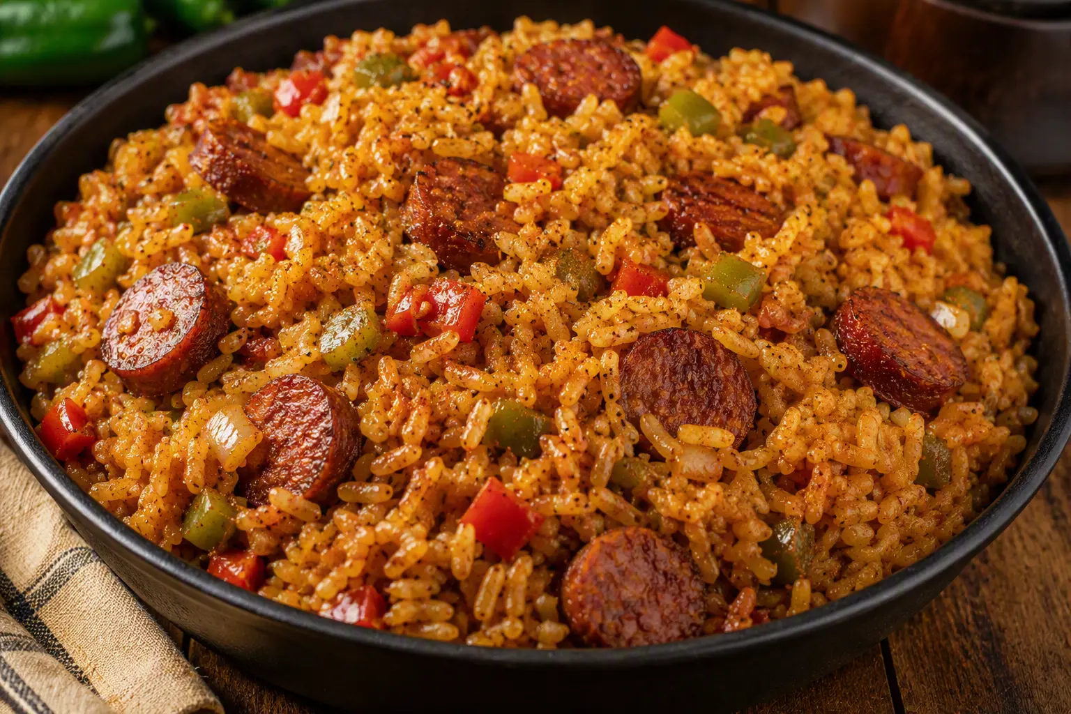 Skillet of smoked sausage jambalaya with peppers
