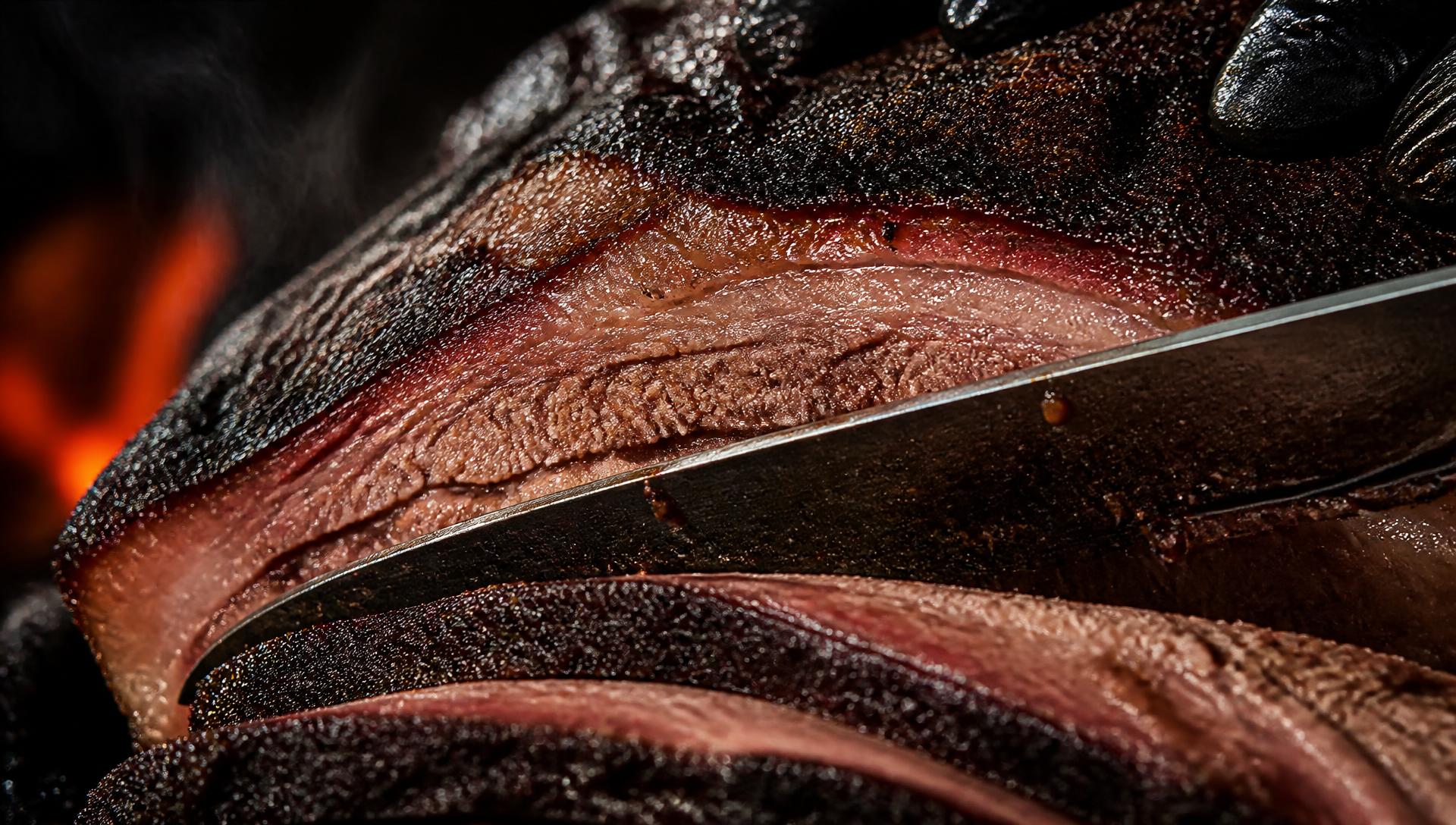 Smoked brisket being sliced, revealing a deep smoke ring and charred bark